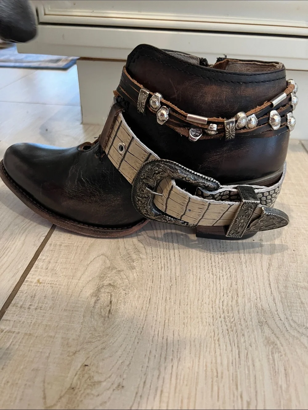 Freebird saloon LeatherBelted Ankle Boots with Beige Croc-Effect Strap